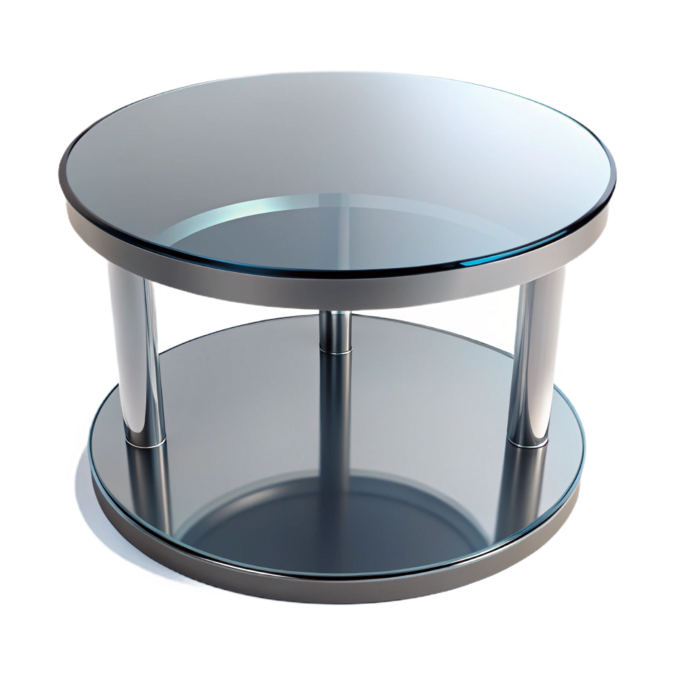 exquisite traditional Rounglass coffee table, beveleedges, chrome base, reflections visible, studio lighting, front view, isolateon transparent background,high-resolution product photography detailed png