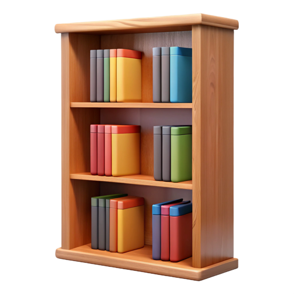 nostalgic serene Tall oak bookcase, fillewith colorful books, detailewoograin, studio lighting, front view, isolateon transparent background,high-resolution product photography museum quality png