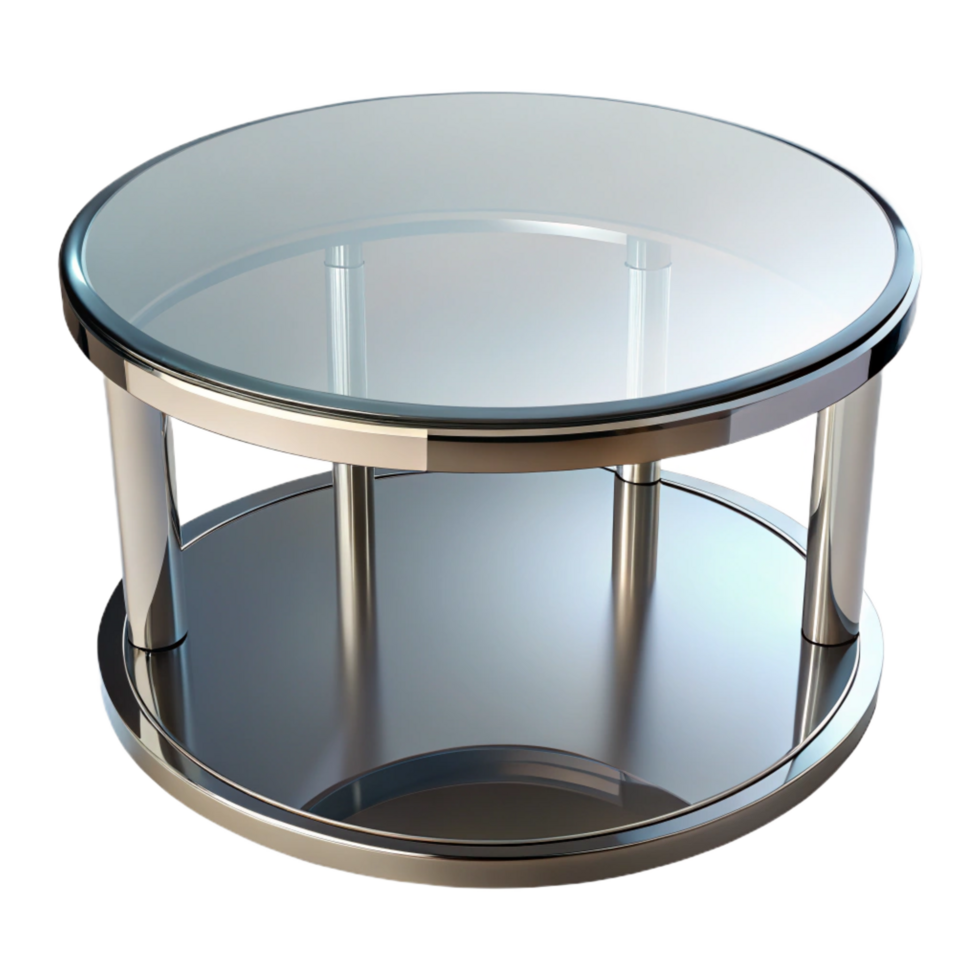 notable art deco Rounglass coffee table, beveleedges, chrome base, reflections visible, studio lighting, front view, isolateon transparent background,high-resolution product photography museum quality png