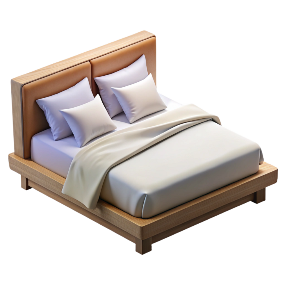 standout avant-garde Plush king-size bed, white linen sheets, multiple pillows, wooden frame, soft lighting, isolateon transparent background,high-resolution product photography top-tier png