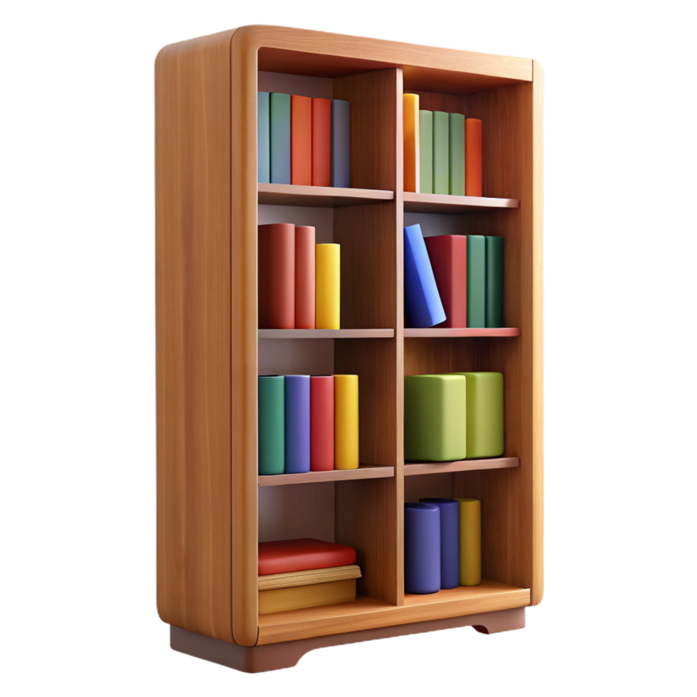 enchanting notable Tall oak bookcase, fillewith colorful books, detailewoograin, studio lighting, front view, isolateon transparent background,high-resolution product photography png