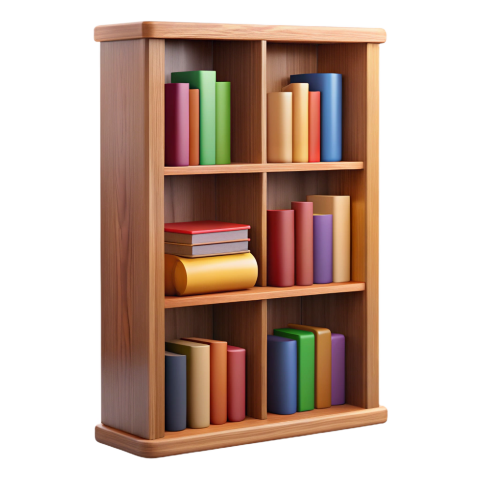 fascinating abstract Tall oak bookcase, fillewith colorful books, detailewoograin, studio lighting, front view, isolateon transparent background,high-resolution product photography genuine png