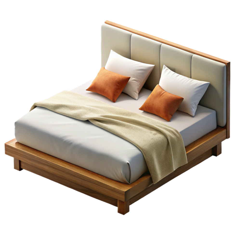 wonderful joyful geometric Plush king-size bed, white linen sheets, multiple pillows, wooden frame, soft lighting, isolateon transparent background,high-resolution product photography impeccable png