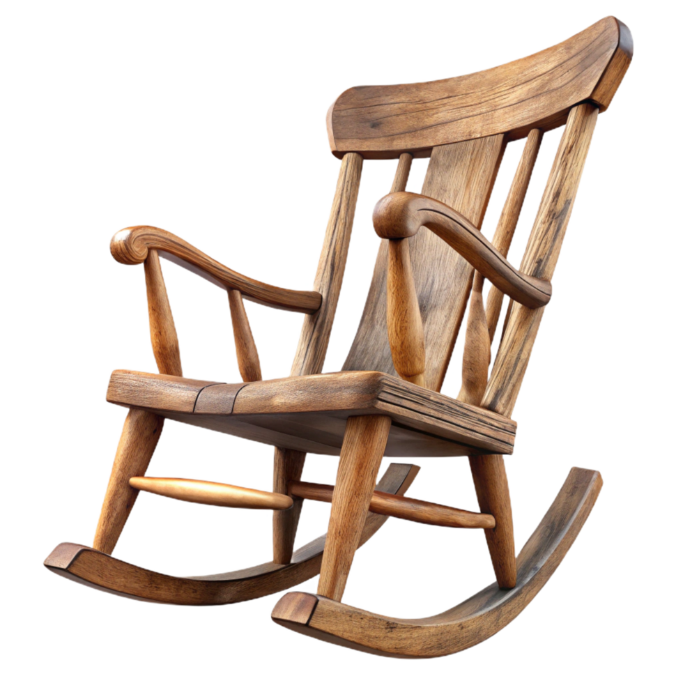 dramatic exceptional Antique wooden rocking chair, distressefinish, visible woograin, side view, studio lighting, isolateon transparent background,high-resolution product photography png