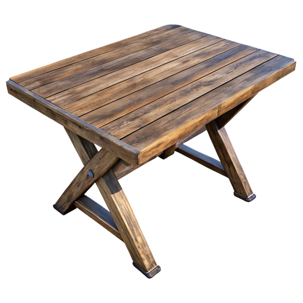 enchanting modern Rustic wooden dining table, weatherefinish, iron legs, top-down view, dramatic lighting, isolateon transparent background,high-resolution product photography flawless png