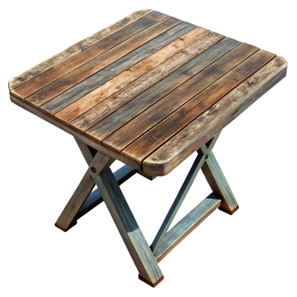 harmonious immaculate Rustic wooden dining table, weatherefinish, iron legs, top-down view, dramatic lighting, isolateon transparent background,high-resolution product photography high quality png