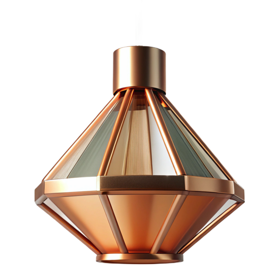 beautiful unparalleleModern hanging pendant light, copper finish, geometric shape, soft lighting, front view, isolateon transparent background,high-resolution product photography png