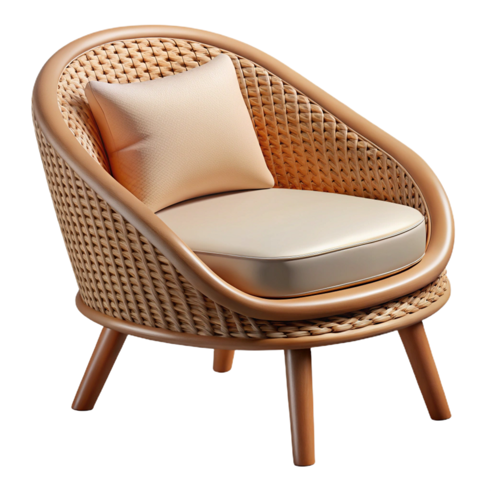 reflective picturesque Rattan patio chair, woven design, cushioneseat, side view, soft lighting, isolateon transparent background,high-resolution product photography artisan png