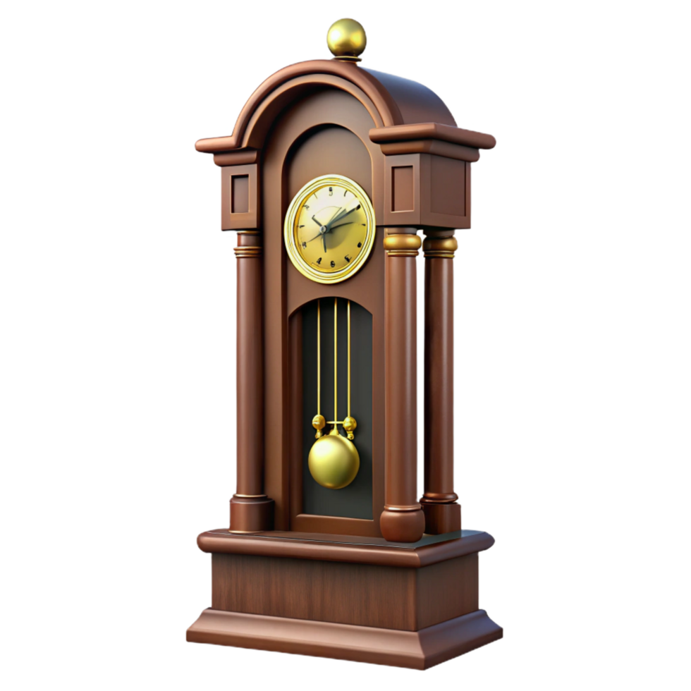 alluring energetic modern Antique grandfather clock, wooden case, brass pendulum, front view, dramatic lighting, isolateon transparent background,high-resolution product photography 8K png