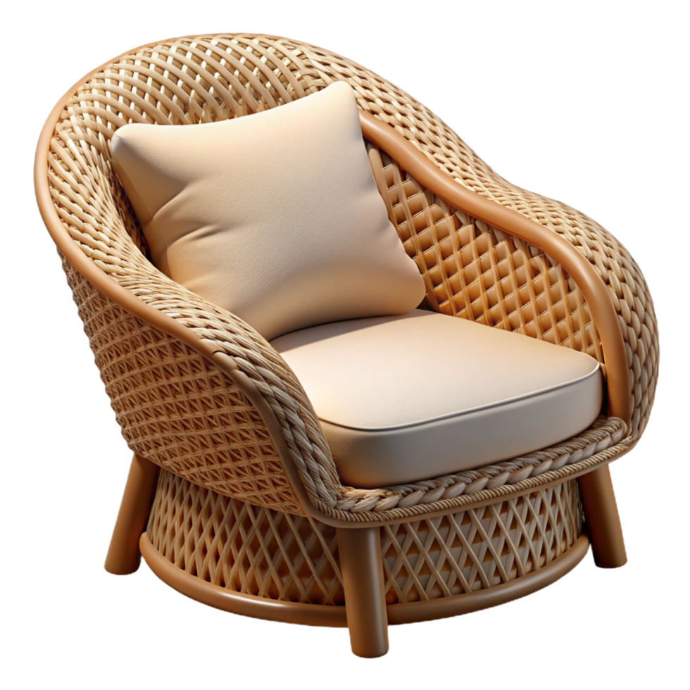 playful magnificent Rattan patio chair, woven design, cushioneseat, side view, soft lighting, isolateon transparent background,high-resolution product photography genuine png