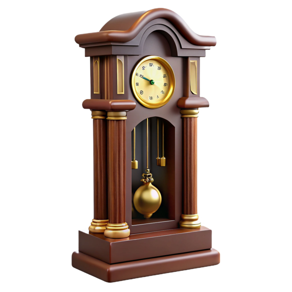 whimsical splendiAntique grandfather clock, wooden case, brass pendulum, front view, dramatic lighting, isolateon transparent background,high-resolution product photography perfect clarity png