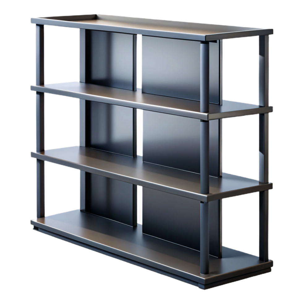 glorious renaissance Modern metal bookshelf, minimalist design, black finish, studio lighting, side view, isolateon transparent background,high-resolution product photography museum quality png