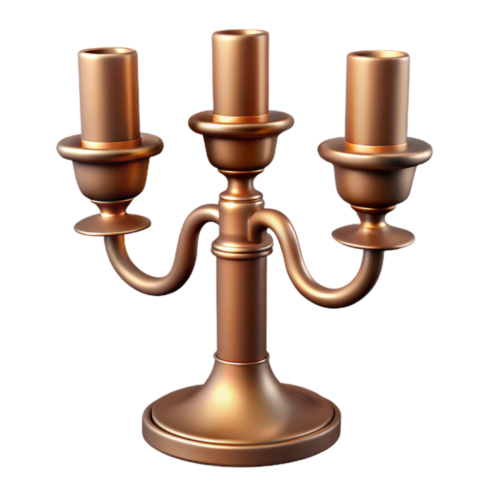 beautiful unforgettable Three-armebronze candelabra with a simple, elegant design, matte finish, dramatic lighting, side view, isolateon transparent background,high-resolution product photography png
