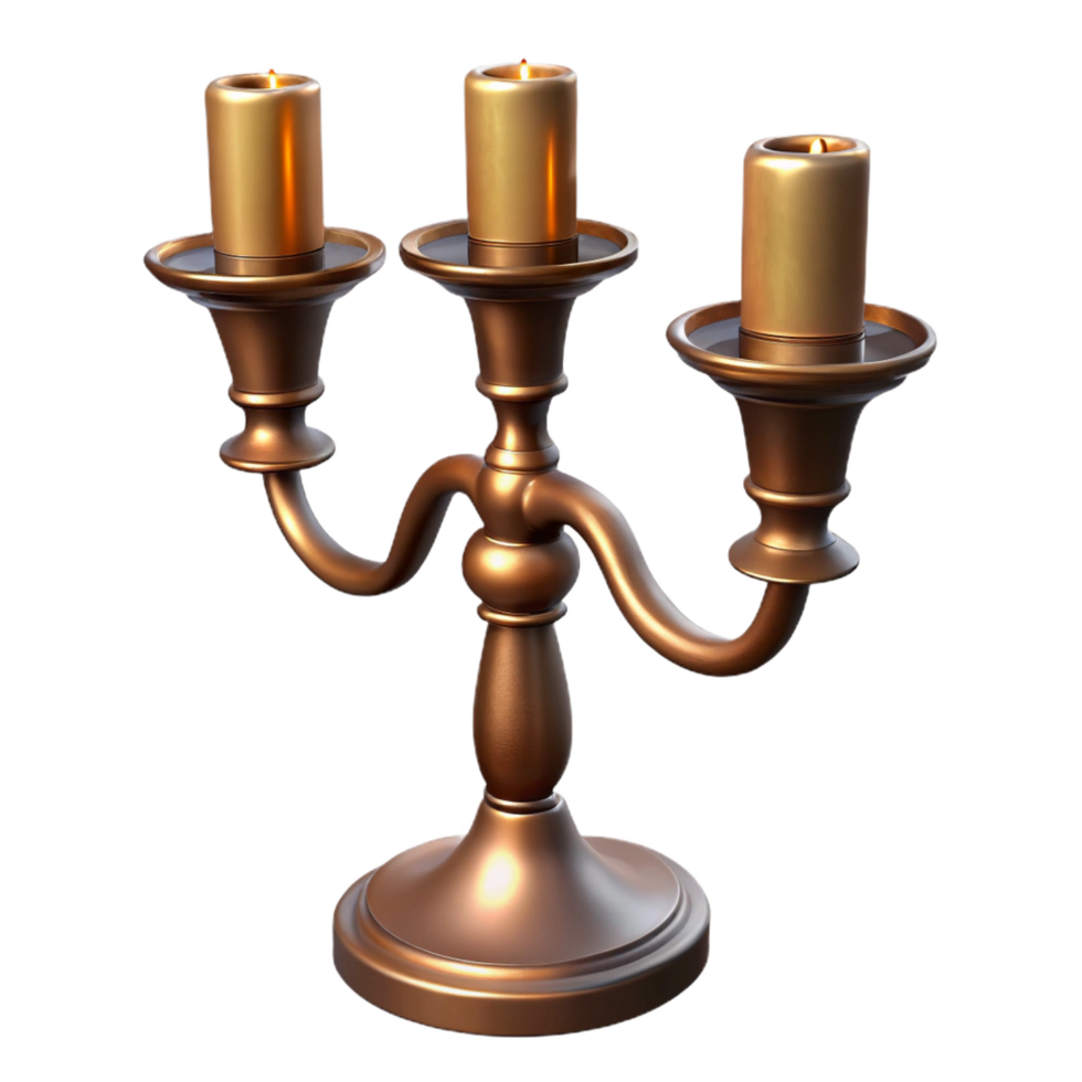 extraordinary celebrateThree-armebronze candelabra with a simple, elegant design, matte finish, dramatic lighting, side view, isolateon transparent background,high-resolution product photography png