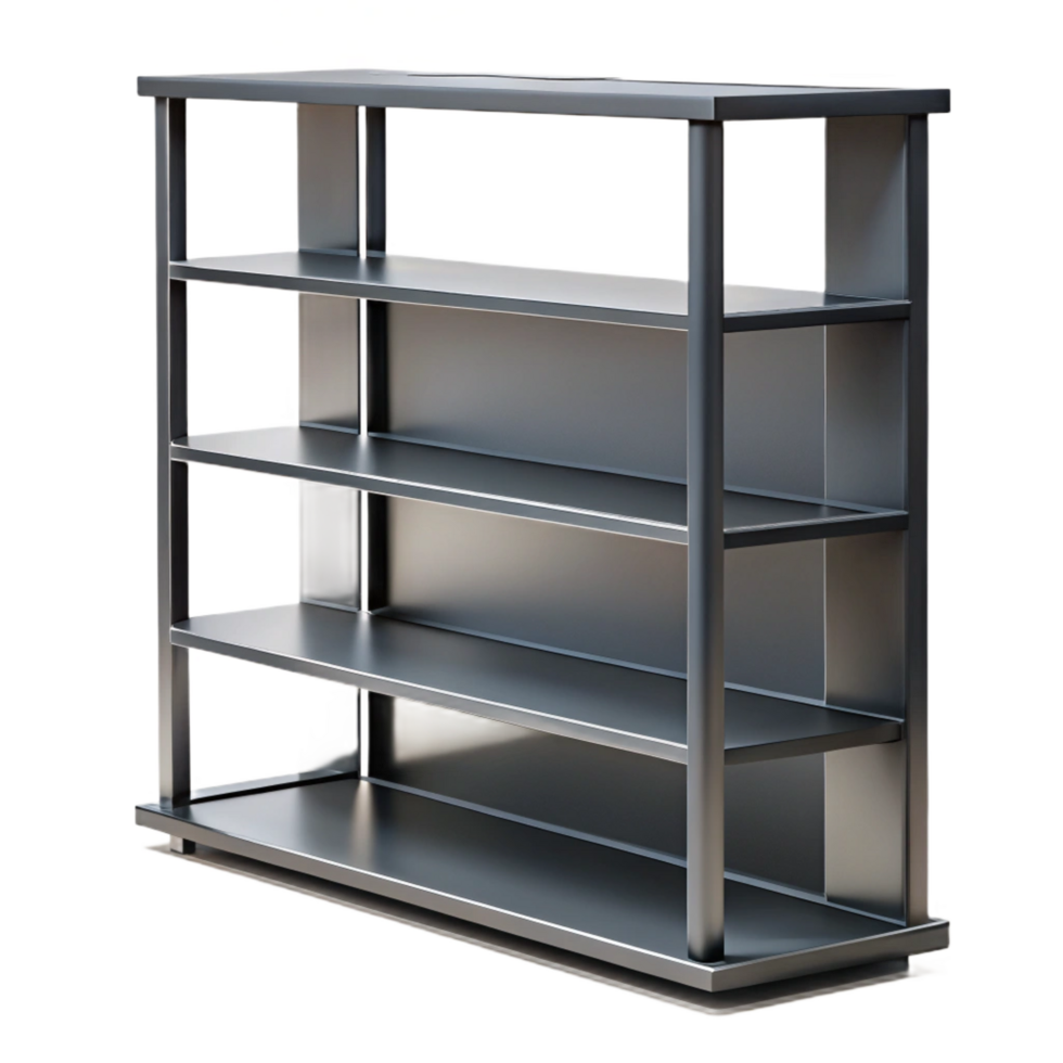 beautiful elegant Modern metal bookshelf, minimalist design, black finish, studio lighting, side view, isolateon transparent background,high-resolution product photography museum quality png
