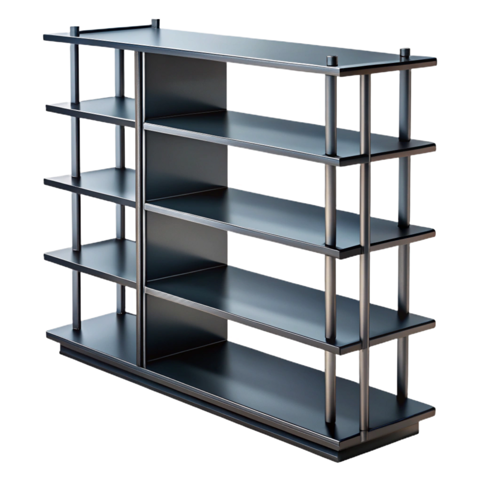 elegant reflective art deco Modern metal bookshelf, minimalist design, black finish, studio lighting, side view, isolateon transparent background,high-resolution product photography genuine png