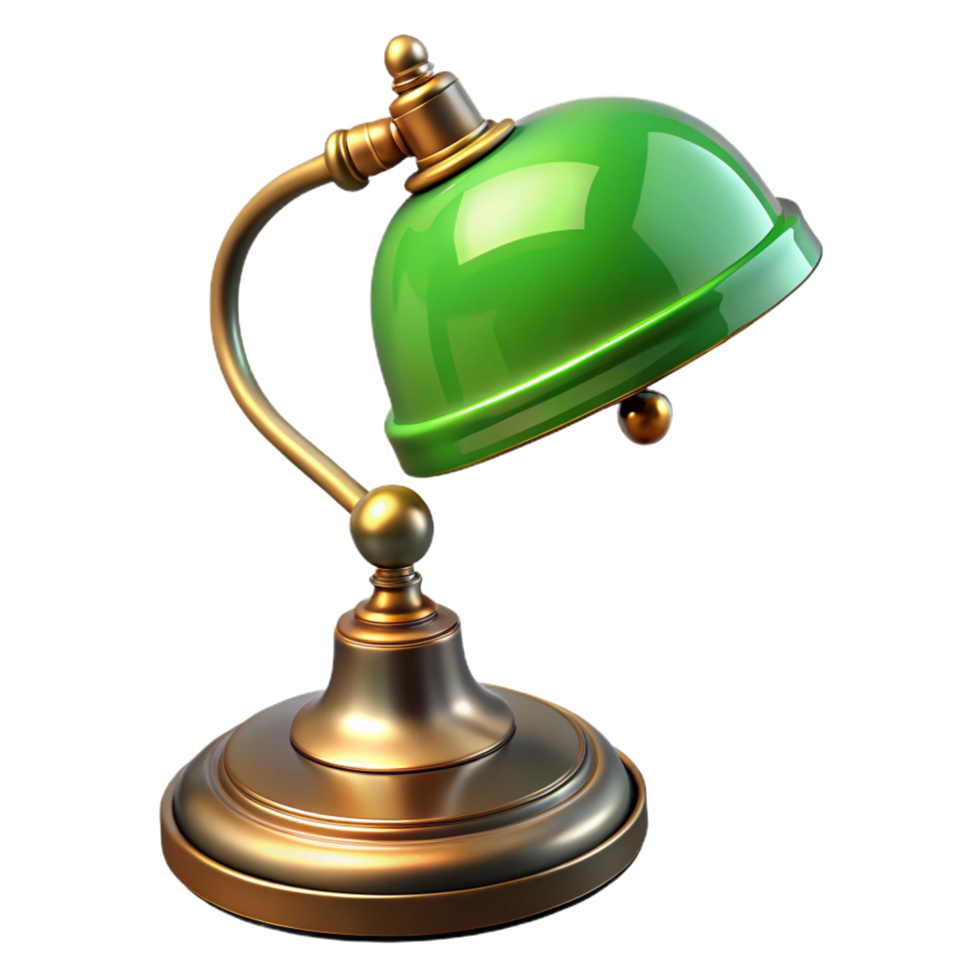 alluring rustic Antique desk lamp with a green glass shade ana brass base, vintage style, soft lighting, with transparent background,high-resolution product photography sharp png