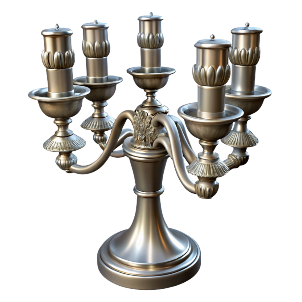 pristine exceptional Five-armesilver candelabra with intricate carvings, polishemetallic finish, dramatic lighting, side view, isolateon transparent background,high-resolution product photography png