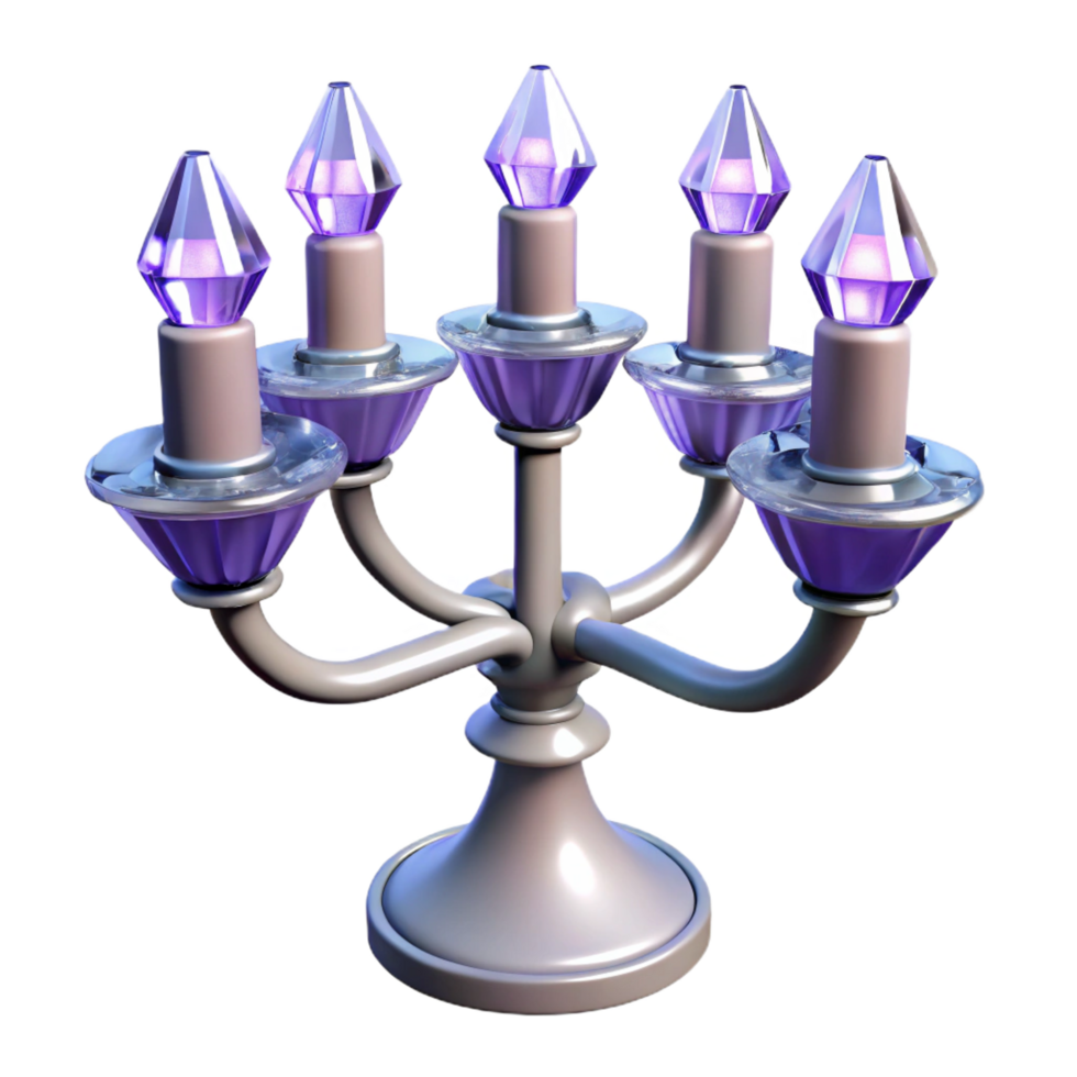 reflective serene Seven-armecrystal candelabra with sparkling facets, dramatic lighting, side view, with transparent background,high-resolution product photography precision png