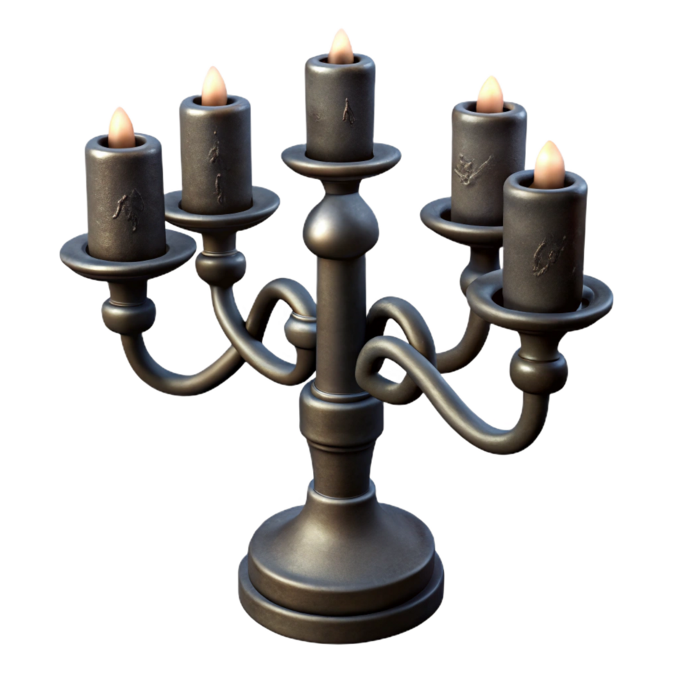 alluring unparalleleNine-armewrought iron candelabra with a rustic design, matte black finish, dramatic lighting, side view, isolateon transparent background,high-resolution product photography png