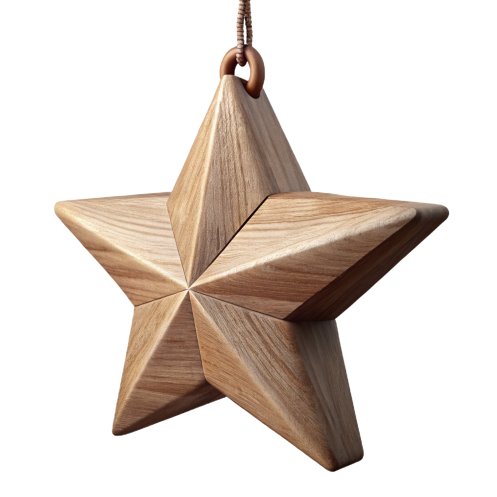 whimsical gorgeous Wooden star ornament, rustic, with twine hanger, dramatic lighting, side view, matte finish, isolateon transparent background,high-resolution product photography high resolution png