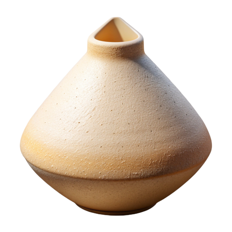 energetic radiant Small, triangular ceramic vase with a textured, unglazefinish, minimalist style, soft lighting, with transparent background,high-resolution product photography high resolution png