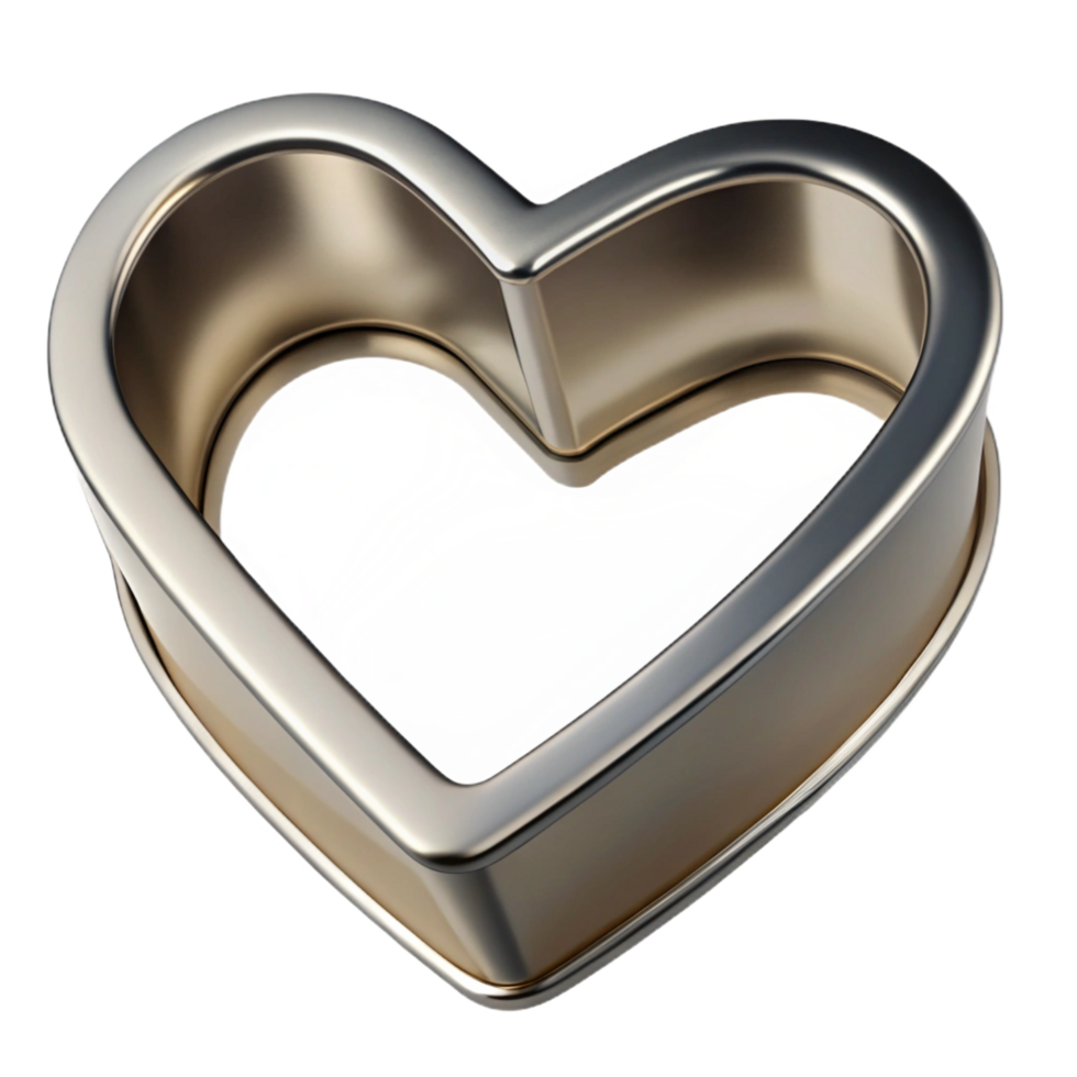 peaceful glorious Heart-shapecookie cutter, metallic, sharp edges, studio lighting, top-down view, metallic finish, isolateon transparent background,high-resolution product photography elite png