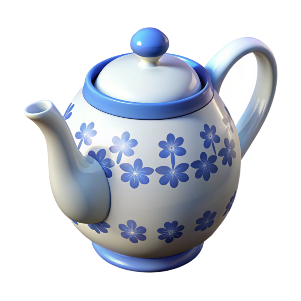 glorious coastal Porcelain teapot, white with delicate blue floral pattern, glossy finish, soft lighting, isolateon transparent background,high-resolution product photography sharp png