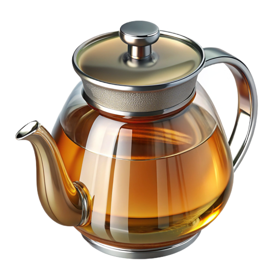 majestic distinctive Glass teapot, clear with stainless steel infuser, fillewith amber tea, studio lighting, front view, isolateon transparent background,high-resolution product photography png