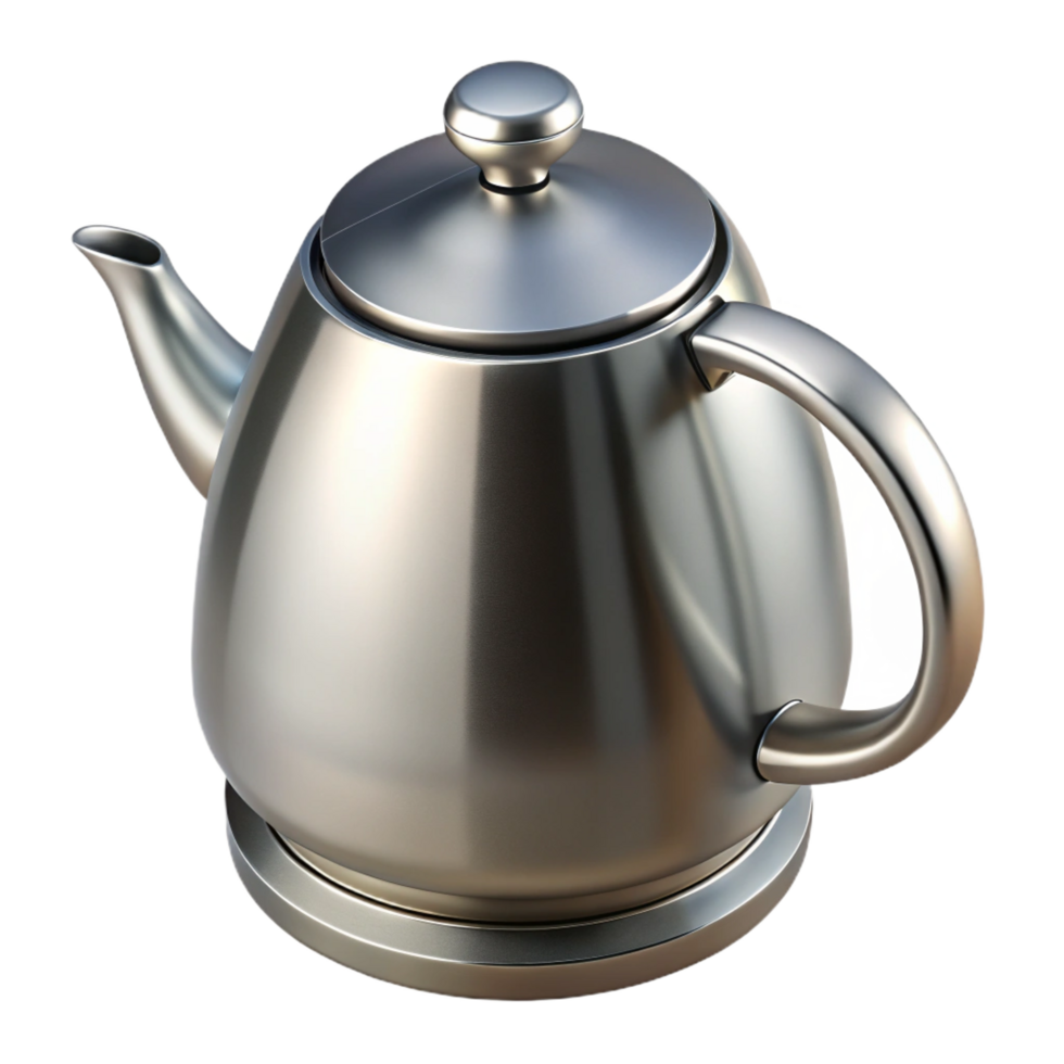 energetic beautiful Stainless steel teapot, brushemetal finish, modern design, studio lighting, front view, isolateon transparent background,high-resolution product photography 4K png