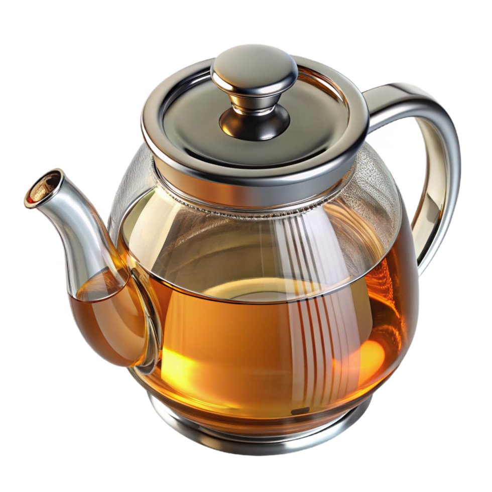 enchanting classic Glass teapot, clear with stainless steel infuser, fillewith amber tea, studio lighting, front view, isolateon transparent background,high-resolution product photography genuine png