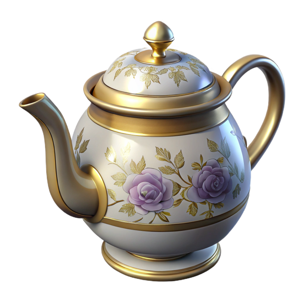 reflective stunning Vintage porcelain teapot, floral pattern, goltrim, craquelure effect, studio lighting, isolateon transparent background,high-resolution product photography elite png