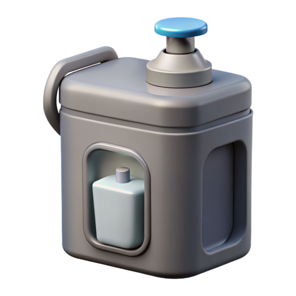 glorious timeless Portable toilet, grey plastic, with hansanitizer dispenser, studio lighting, side view, isolateon transparent background,high-resolution product photography png