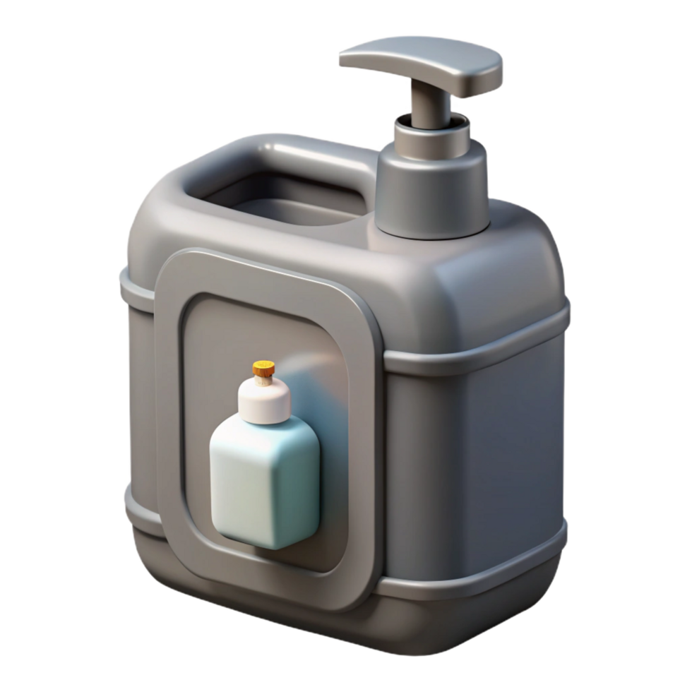 impressive artistic Portable toilet, grey plastic, with hansanitizer dispenser, studio lighting, side view, isolateon transparent background,high-resolution product photography high resolution png