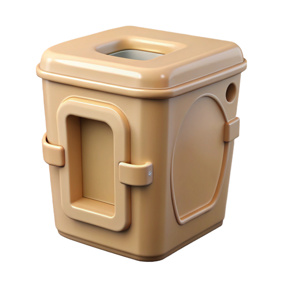 magnificent signature Portable toilet, beige plastic, slightly worn texture, studio lighting, front view, isolateon transparent background,high-resolution product photography png