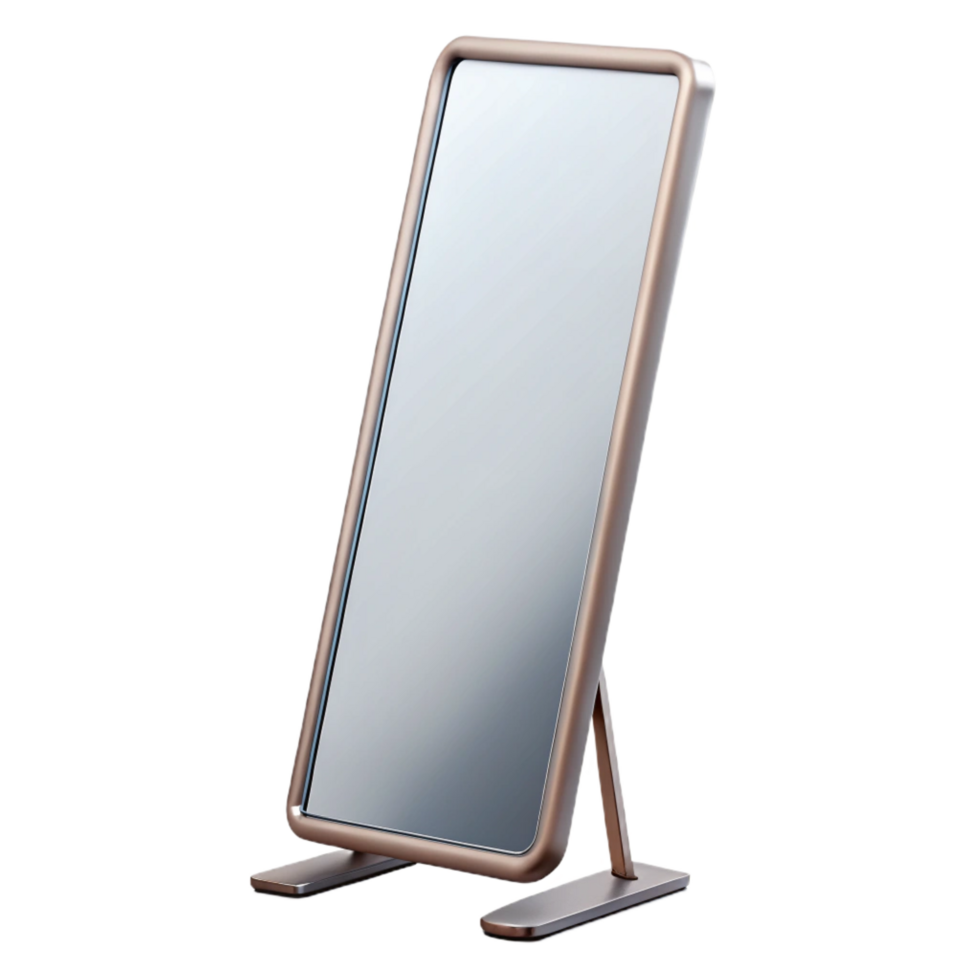 joyful exquisite Full-length mirror, sleek metal frame, minimalist design, studio lighting, front view, isolateon transparent background,high-resolution product photography top-tier png