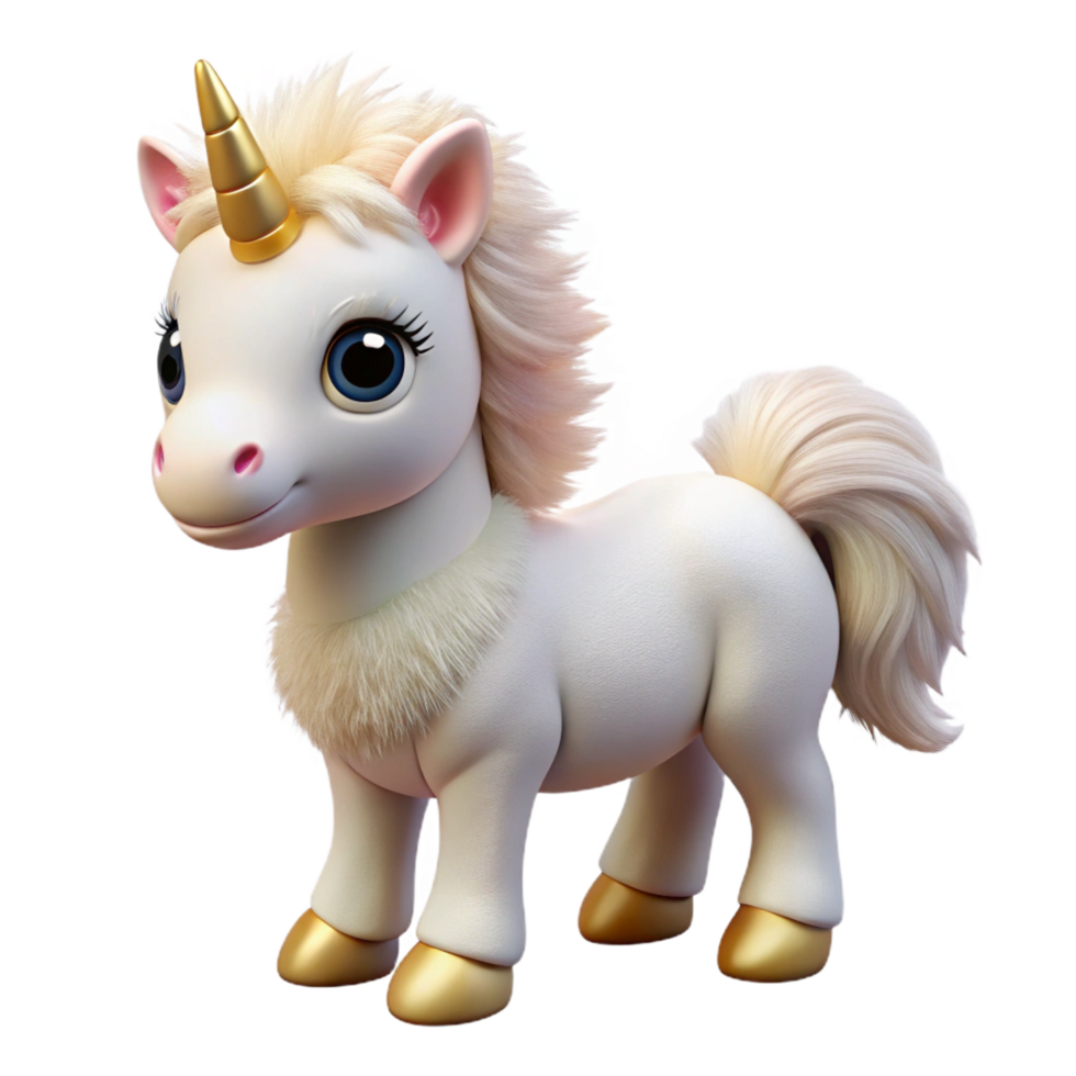 harmonious exquisite A fluffy, white unicorn foal with a golden horn, soft fur, angentle expression, studio lighting, isolateon transparent background,high-resolution product photography original png