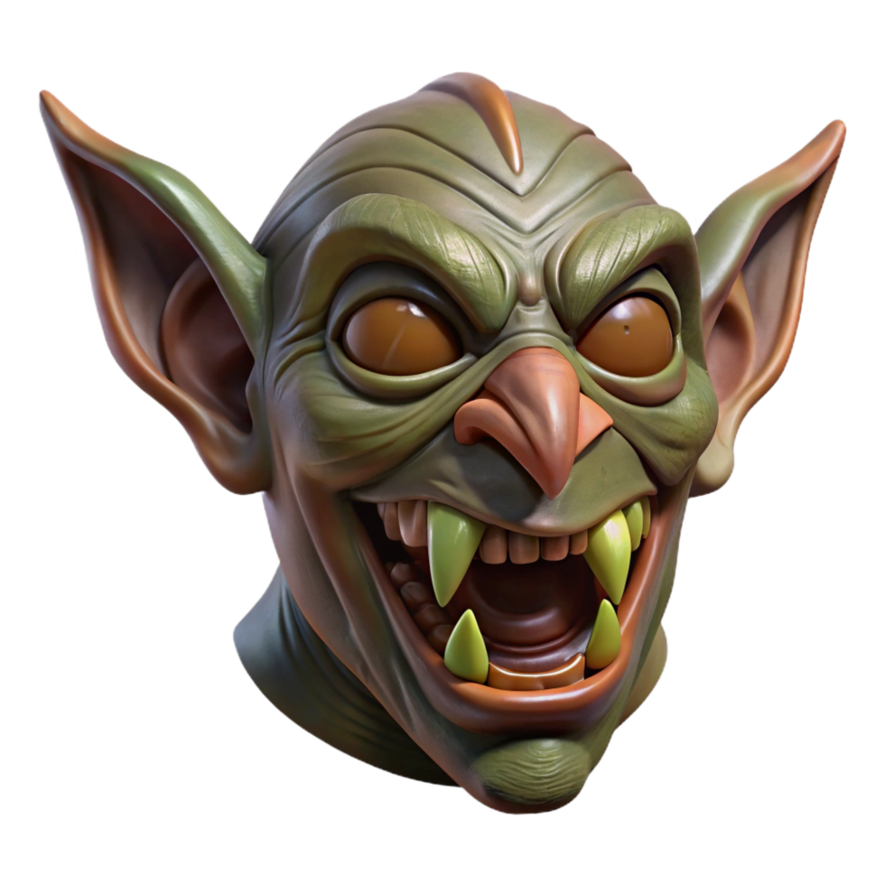 rare gothic A carved, wooden goblin mask with grotesque features, weatheretexture, dramatic lighting, front view, isolateon transparent background,high-resolution product photography top-tier png