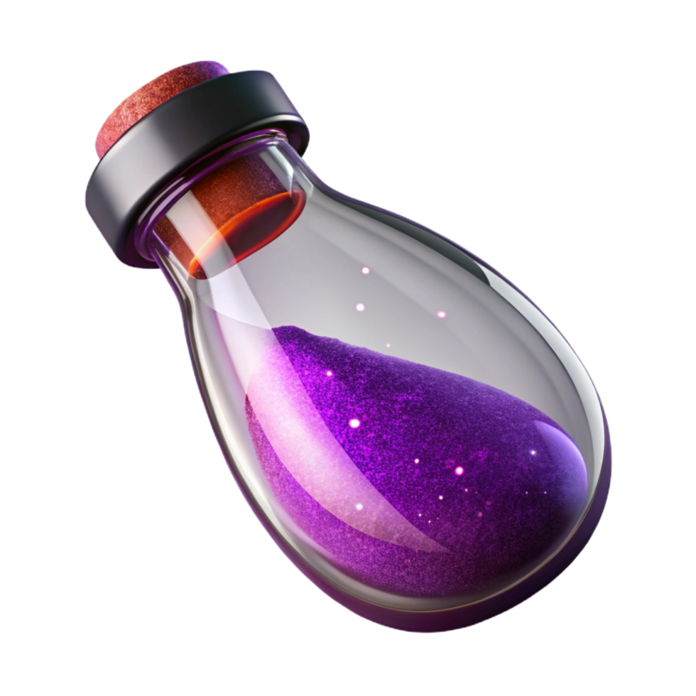 joyful impressive A glass bottle fillewith swirling, purple pixie dust, sparkling particles, soft lighting, front view, isolateon transparent background,high-resolution product photography original png