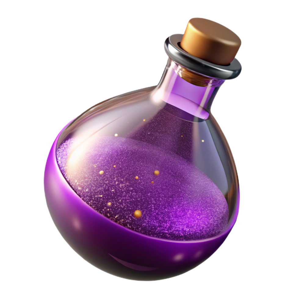 mysterious elegant A glass bottle fillewith swirling, purple pixie dust, sparkling particles, soft lighting, front view, isolateon transparent background,high-resolution product photography authentic png
