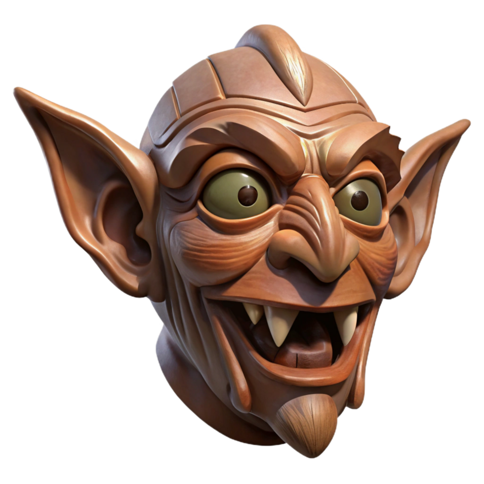 sought-after retro A carved, wooden goblin mask with grotesque features, weatheretexture, dramatic lighting, front view, isolateon transparent background,high-resolution product photography original png