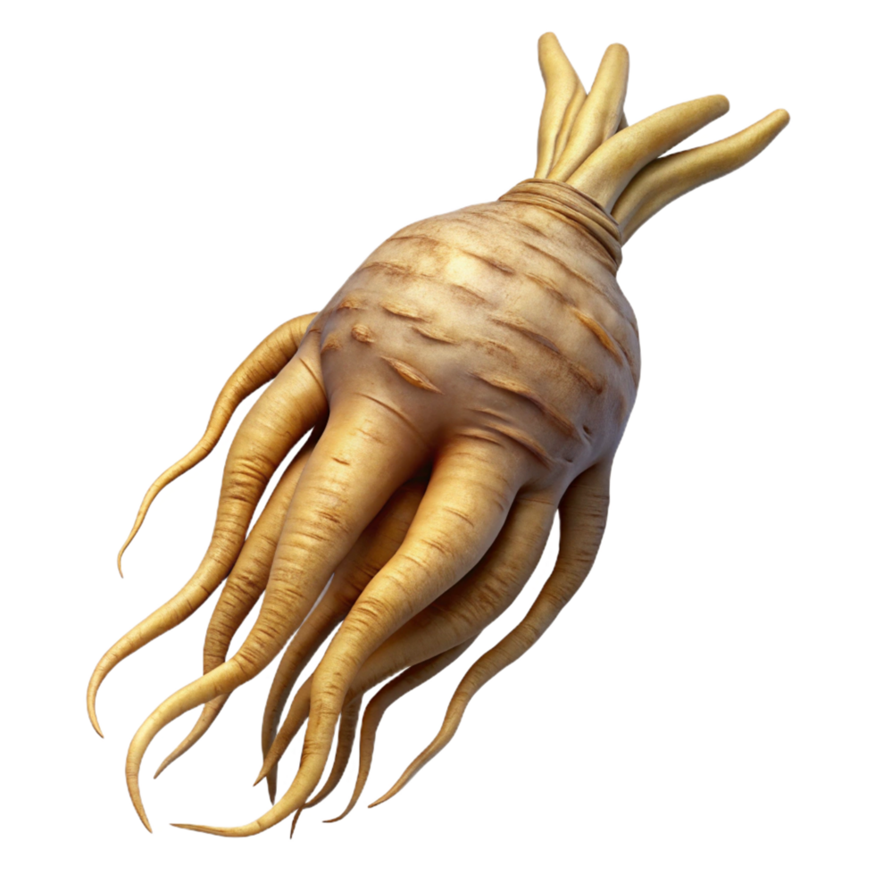 serene standout A single, preservemandrake root with human-like features, realistic texture, dramatic lighting, side view, isolateon transparent background,high-resolution product photography png