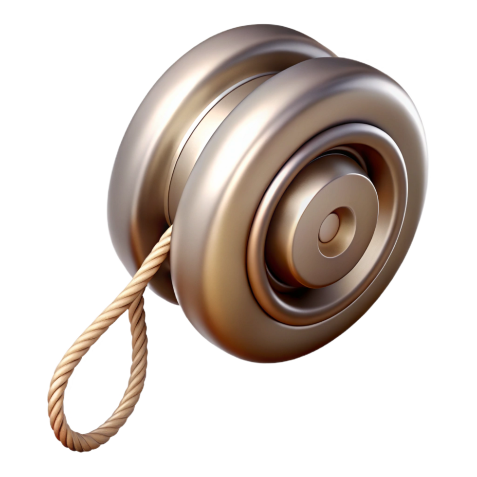 iconic surreal Yo-yo, metallic finish, string wrappearounaxle, studio lighting, side view, studio photography, isolateon transparent background,high-resolution product photography expertly shot png