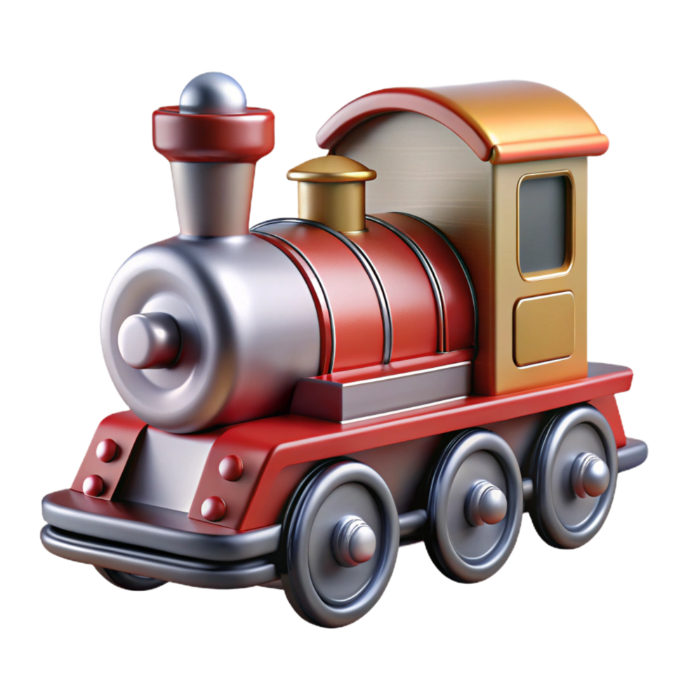 sumptuous iconic Toy train engine, metallic finish, plastic wheels, studio lighting, studio photography, isolateon transparent background,high-resolution product photography png
