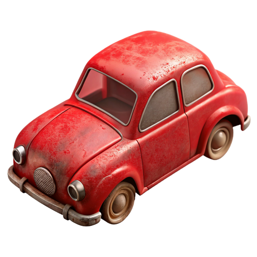 glorious rare Vintage metal toy car, repaint with chippeareas, visible rust spots, studio lighting, studio photography, isolateon transparent background,high-resolution product photography png