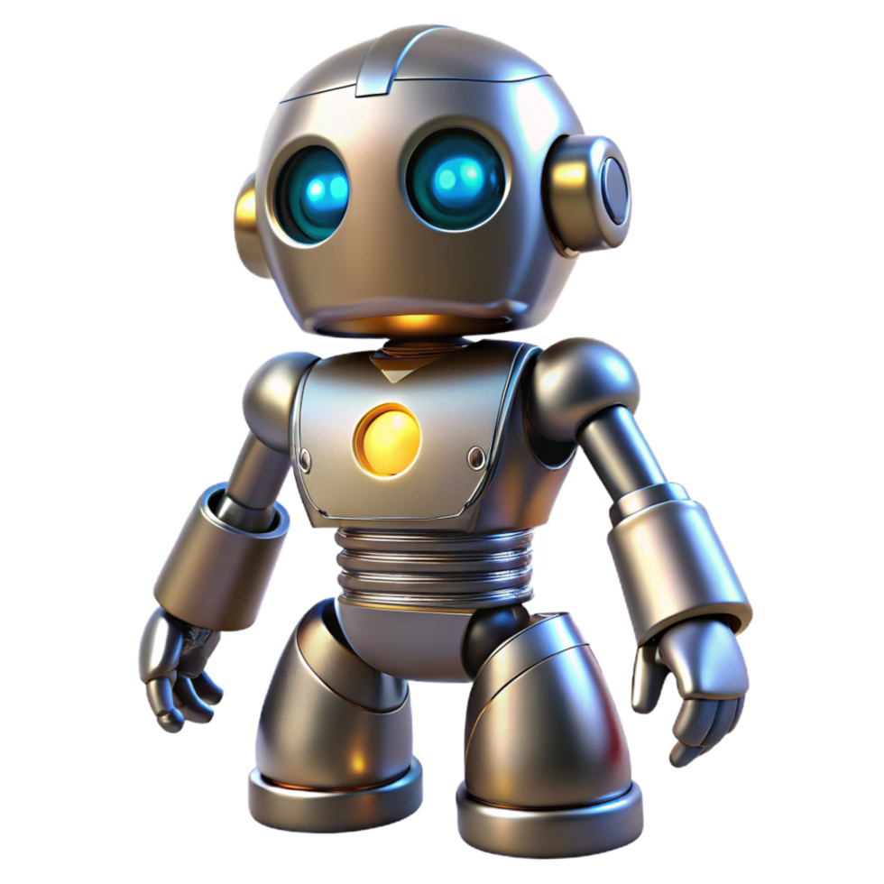 stunning sought-after Toy robot, metallic finish, glowing LEeyes, dynamic pose, studio lighting, front view, studio photography, isolateon transparent background,high-resolution product photography png