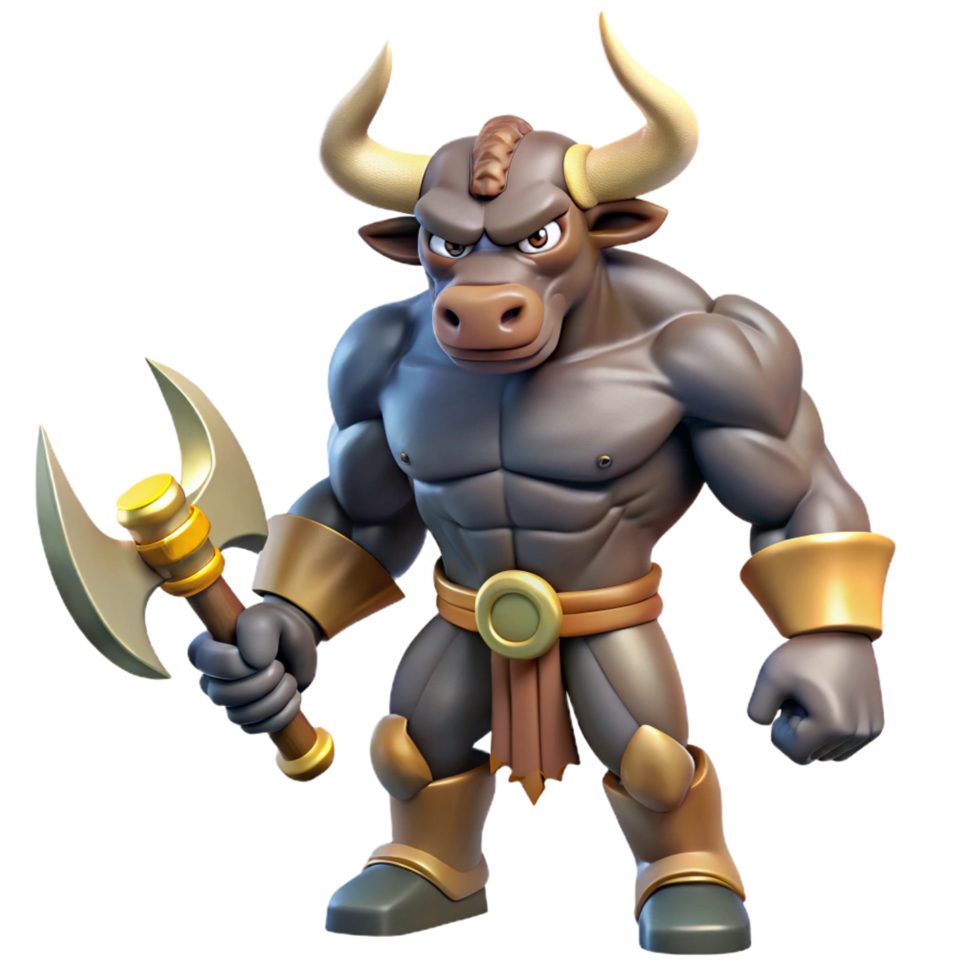 mesmerizing timeless A menacing minotaur with bull heaanhuman body, holding a battle axe, dramatic lighting, studio photography, isolateon transparent background,high-resolution product photography png