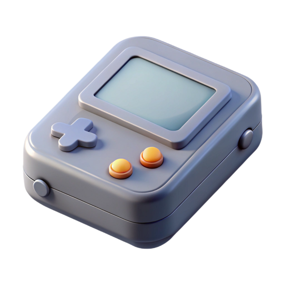 pristine standout Retro game console, grey plastic casing, controller ports, power button illuminated, soft lighting, front view, isolateon transparent background,high-resolution product photography png