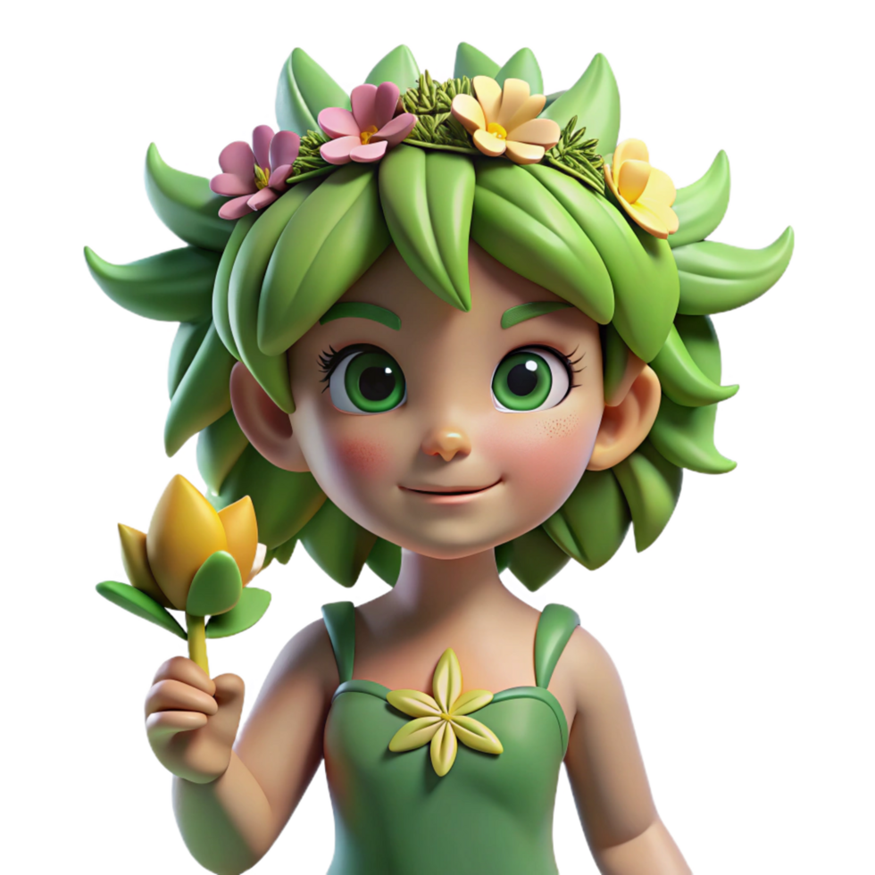 immaculate distinctive A playful dryawith floral adornments, leafy hair, holding a flower, soft lighting, studio photography, isolateon transparent background,high-resolution product photography png