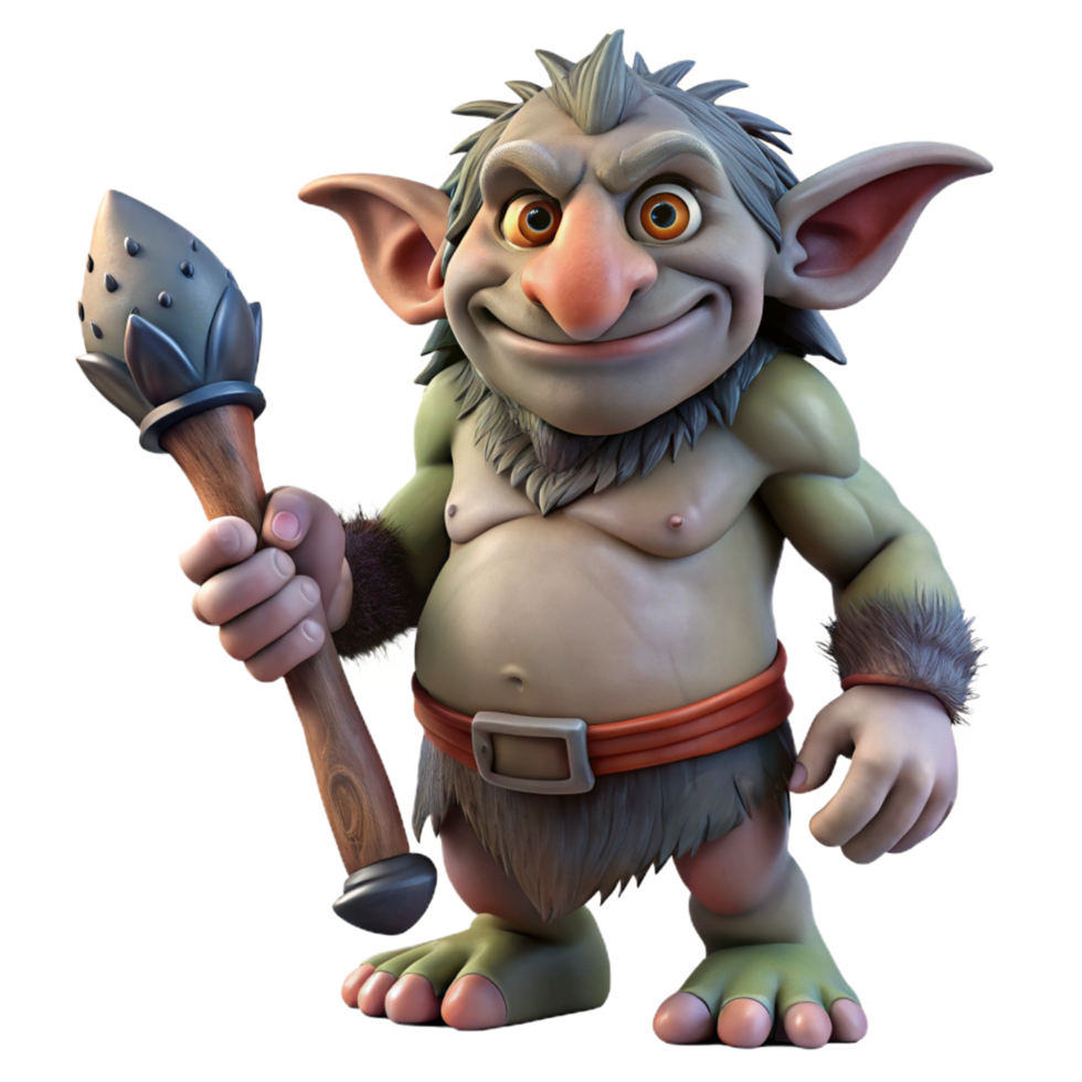 signature urban A menacing troll with rough skin, large nose, holding a club, dramatic lighting, side view, studio photography, isolateon transparent background,high-resolution product exclusive png